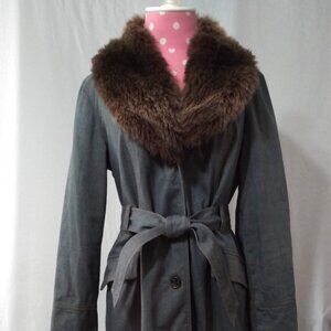 Vintage GAP denim faux fur collar long, belted, lined trench coat size medium